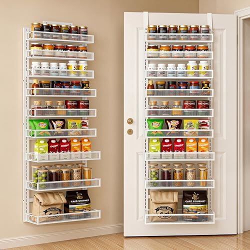 Over the Door Pantry Organizer 9 Tiers Hanging Door or Wall Mounted Spice Rack with Adjustable Acrylic Basket,Heavy Duty Metal Seasoning Storage Shelf for Kitchen Pantry and Bathroom White by Clothink