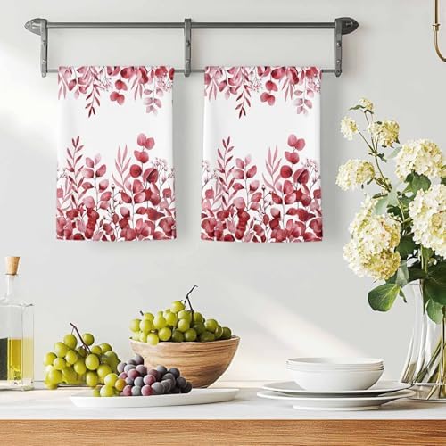 Red Eucalyptus Kitchen Towels Set of 1, Absorbent Dish Towels for Kitchen, Botanical Summer Leaves Country Floral Microfiber Hand Towel, Quick Drying Tea Towel for Cleaning Decorative Dishcloths - Image 3