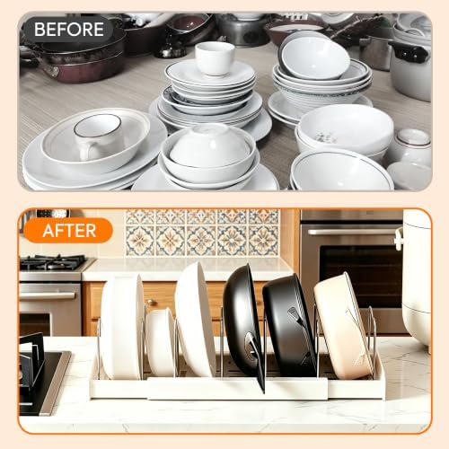 Pots and Pans Organizer under Cabinet, Expandable Adjustable Pot Lid Organizer Rack with 9 Stainless Steel Dividers, Food Storage Container Lid Holder for Kitchen Countertop Storage (White) - Image 4