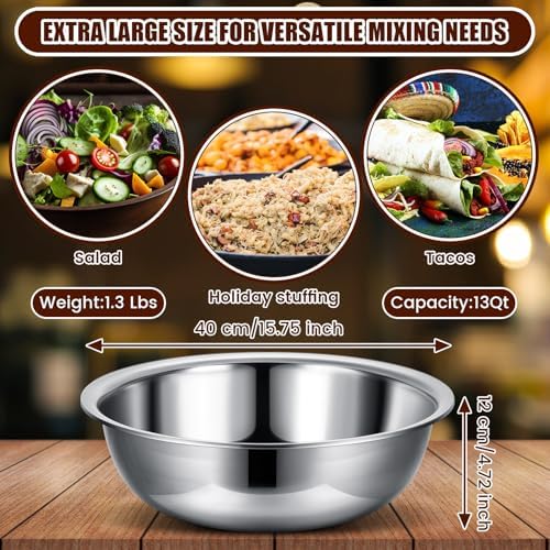 Nuogo 8 Pcs Stainless Steel Mixing Bowls Metal Mixing Bowls Extra Large Basin Salad Basin Deeper Edge Dishwasher Safe Mirror Finish for Home and Commercial, Silver (16 Inch 13 Qt) - Image 2