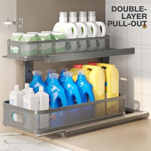 2 Pack 21IN-Depth Under Sink Organizer With Next-Gen Ball-Bearing Slides,2-Tier Precision Mesh Pull Out Cabinet Storage for Bathroom&Kitchen,Height Adjustable Drawers Shelf,Anti-rust-Grey - Image 4