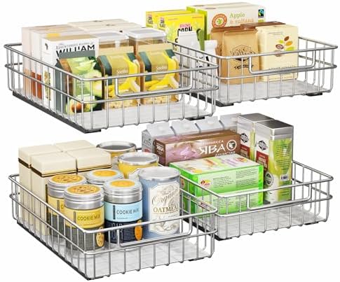 Pull out Cabinet Organizer, Stainless Steel 4-Pack (9.8"W x 16.5"D) Full-Extension Slide out Drawer, Adhesive Roll out Can Spice Storage Basket Shelf Rack for Pantry, Kitchen, Bathroom, Home Closet by Kitstorack