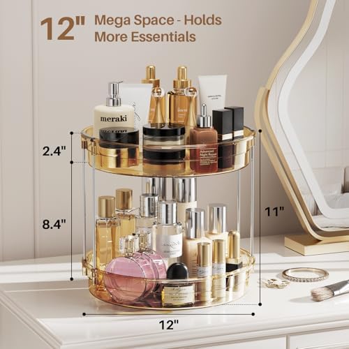 LAMU 2 Pack 2 Tier Lazy Susan Turntable Organizer 12'' Rotating Spice Rack Organization for Cabinet, Kitchen, Pantry, Countertop, Bathroom, Vanity, Medicine Cabinet Organizer, Amber - Image 2