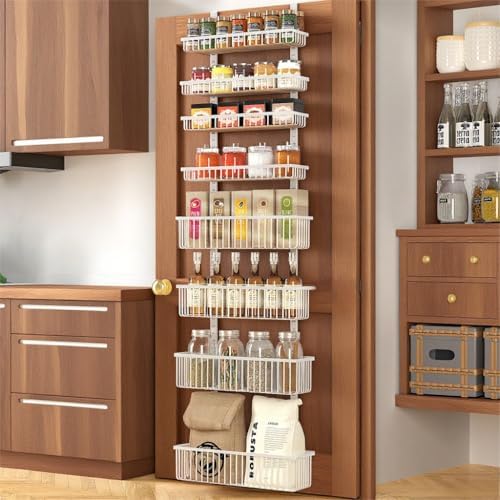 Moforoco White Over The Door Pantry Organizer, Pantry Organization and Storage, Metal Hanging Spice Rack Shelves Door, Seasoning Shelves, Laundry Room Organization, House and Kitchen Essentials by MOFOROCO