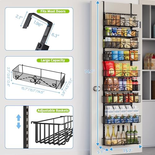 9-Tier Over Door Storage Rack, Heavy Duty Metal Hanging Organizer for Kitchen, Black - Image 2