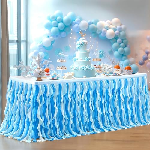 Partisky Ocean Blue Tulle Tutu Ruffle Curly Willow Table Skirt for Rectangle Table 9ft,Under The Sea Baby Shark Themed Table Cloth for Boys Girls Birthday Party or Baby Shower by Partisky