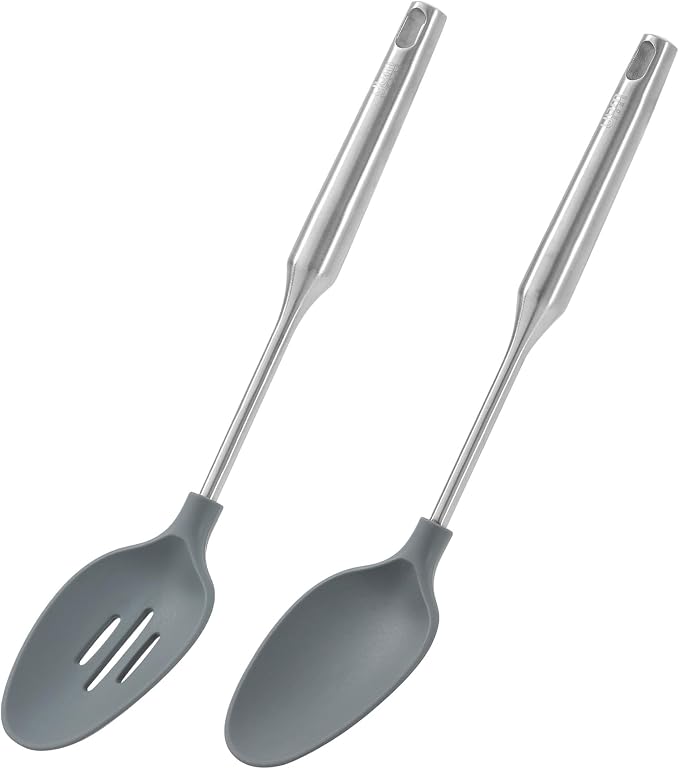 YBM Home Silicone Non-Stick Slotted and Solid Cooking Serving Spoons, Heat-Resistant Plastic Kitchen Tools for Mixing, Frying, Serving, Draining, Turning, with Stainless Steel Handle, Set of 2 Grey by YBMHome