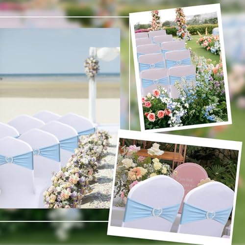 Blue Chair Sashes 60 Pack Spandex Baby Blue Chair Sashes for Wedding Blue Sashes for Chairs with Heart Buckle Slider for Banquet Party Decorations - Image 6