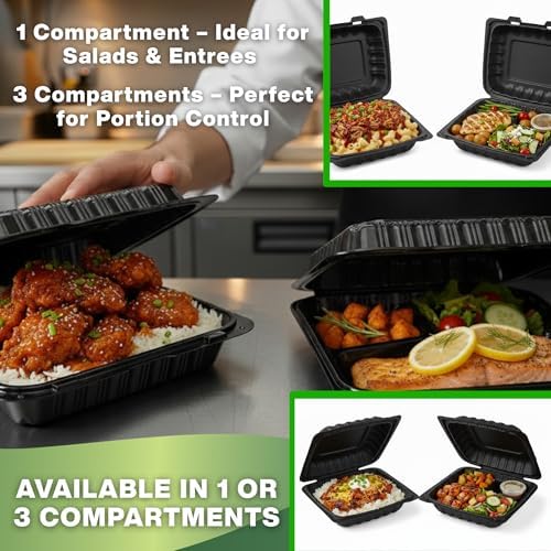 Hinged Take-Out Containers 9″ x 9″ BPA Free, Clamshell To Go Boxes Recyclable, Microwave & Freezer Safe Food Storage Boxes for Restaurants, Catering - Cake Slice Container - Black - Image 6