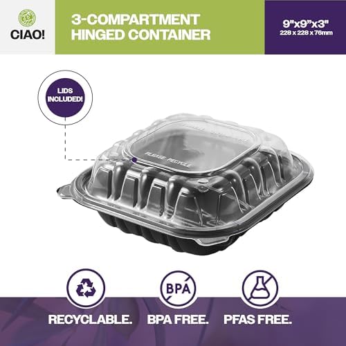CIAO! 9"x9"x3" Polypropylene Black bottom with Clear Lid Hinged Container 3 Compartment Take Out Container, Microwavable, Recyclable and Reusable, (Case of 150) - Image 2