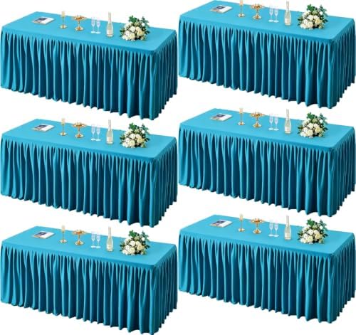 PARTISKY 6 Pack Turquoise Tablecloths for Rectangle Tables 8ft, Wrinkle Resistant Spandex Table Cover Fitted Stretch Table Cloth with Pleated Ruffle Skirts for Party Banquet Dining Birthday Wedding by Partisky