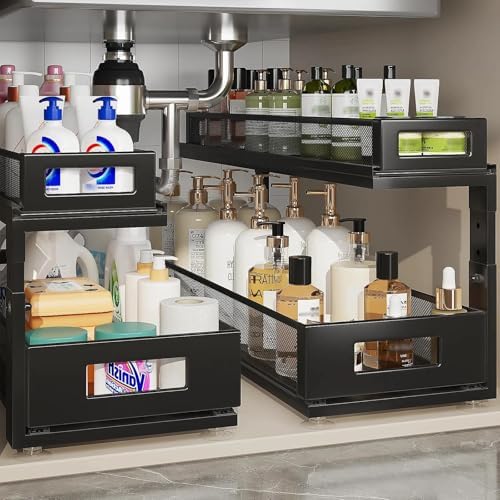 2 Pack 21.3IN-Depth Under Sink Organizer with Next-Gen Ball-Bearing Slides,2-Tier Pull Out Cabinet Storage,Height Adjustable Drawer Shelf for Bathroom,Kitchen,Laundry,Cabinet,Pantry-Black by Corbyles
