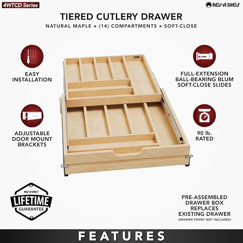 Rev-A-Shelf Maple Two-Tier Cutlery Replacement Drawer System w/BLUM Soft-Close for Face Frame Base Kitchen Cabinets, Kitchen Drawer Organizer, Min Opening Width of 21", 4WTCD-24HSC-1 - Image 4