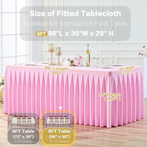 6 Pack Pink Rectangle Tablecloth 8 FT Stretch Spandex Fitted Table Cloth for 8 Foot Rectangle Tables Banquet Tablecloths Wrinkle Free Table Cover Skirt Ruffle Tablecloth for Party Wedding Birthday - Image 7