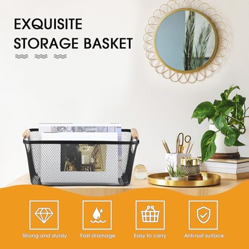 Ziliny 4 Pcs Metal Mesh Wire Baskets with Wooden Handles for Organizing, Pantry Organizers and Storage Steel Bin Kitchen Baskets for Fruit Potato Onion Snacks Bathroom Cabinet(Large,Black) - Image 3