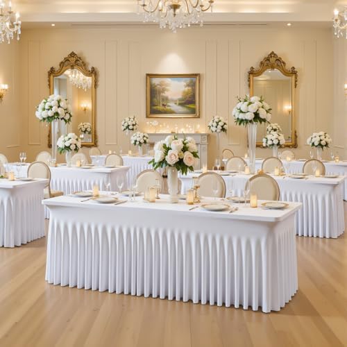 2 Pack 8ft White Spandex Tablecloths for Rectangle Tables Wrinkle Free White Rectangle Table Cloth Stretch Fitted 8 foot Table Cover with Skirt for Wedding Birthday Party Banquet Baby Shower Buffet - Image 6