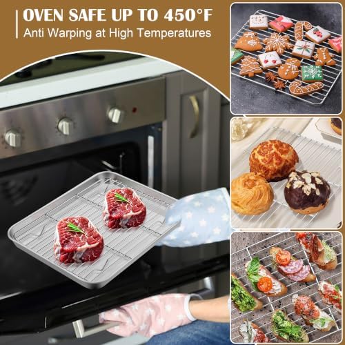 E-far Baking Sheet with Wire Rack (2 Pans + 2 Racks), Stainless Steel Cookie Sheets Pan & Cooling Rack for Baking Cookies Cake, Non Toxic & Heavy Duty, Oven & Dishwasher Safe, 12.4 x 9.7 x 1 Inch - Image 5