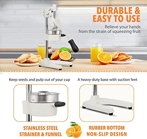 19 Inch Height Extra Tall Commercial Heavy Duty Cast Iron Hand Press Manual Orange Citrus Lemon Lime Grapefruit Pomegranate Fruit Juice Squeezer Machine with Stainless Steel Cup White - Image 6
