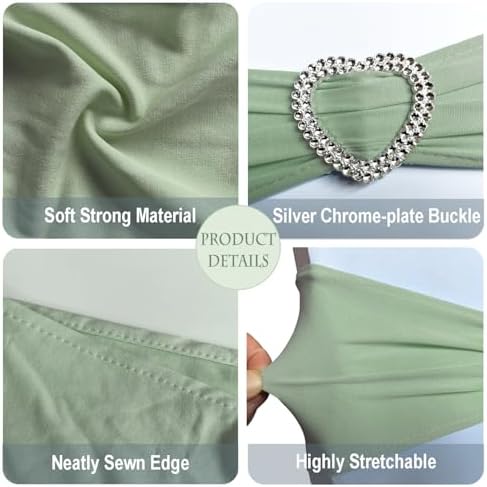 Sage Green Chair Sashes 60 Pack Spandex Sage Green Sashes for Chairs Stretch Chair Sashes Clearance with Heart Buckle Slider for Wedding Banquet Party Decorations - Image 3