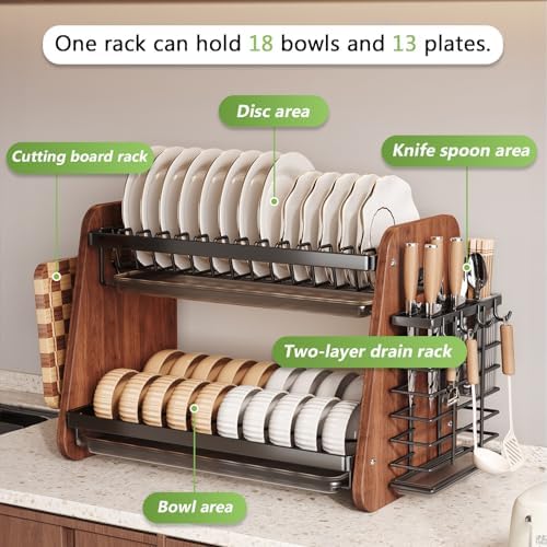 Modern Wooden 2-Tier Dish Drying Rack,Stainless Steel Dish Drainer,Saving Kitchen Space,with Removable Cutlery Holder,with Utensils Flatware Holder Set - Image 3