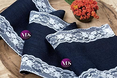 VDS Pack of 10, Burlap Table Runner with White Lace Edge, 100% Natural Jute Rustic Hessian Table Cloth Centerpiece for Wedding Birthday Party Banquet Table Decoration (Size 12X108 Inch)(Navy Blue) - Image 6