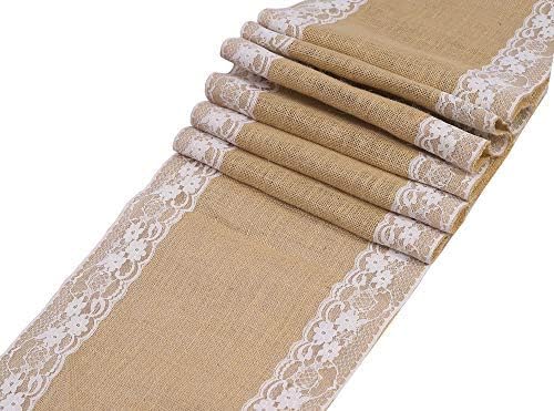 VDS Pack of 25, Burlap Table Runner with White Lace Edge, 100% Natural Jute Rustic Hessian Table Cloth Centerpiece for Wedding Birthday Party Banquet Table Decoration (Size 12X108 Inch)(Natural Tan) by VDS