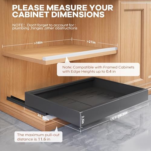 Seinloes 4 Pack Expandable (15.1"-26.3") Pull Out Cabinet Organizer 21" Deep With Raising Pad for Framed Cabinets,Upgrade 3 Slide Rails Slide Out Drawers,No Drill Roll Out Shelves Adhesive,Black - Image 3