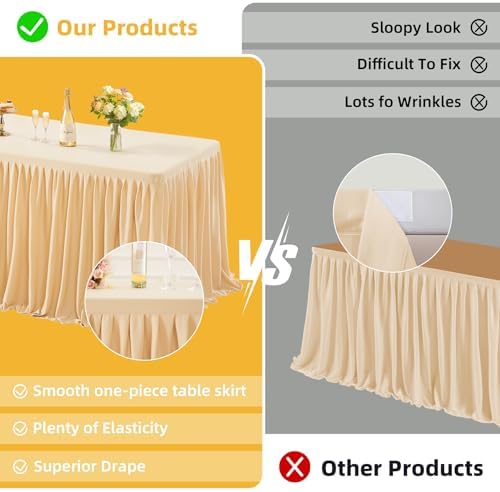 6 Pack Dark Champagne Tablecloths for Rectangle Tables 6ft, Wrinkle Resistant Champagne Table Cover Fitted Stretch Table Cloth with Pleated Ruffle Skirts for Party Banquet Dining Birthday Wedding - Image 2