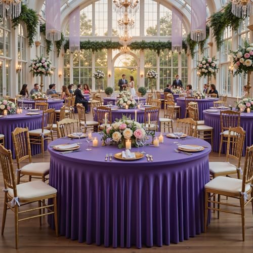 leegleri 6 Pack Spandex Purple Round Tablecloths for 60in Tables, Stretchy 120inch Fitted 5FT Round Table Cloths, Wrinkle Free Table Cover with Skirt for Wedding Birthday Party Bridal Shower Banquet - Image 4