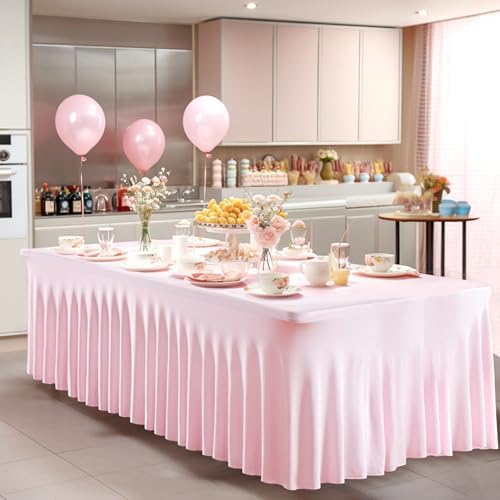 Wish Care 6 Pack Pink Spandex Table Clothes for 4 Foot Rectangle Tables, 4FT Wrinkle Free Fitted Tablecloths Ruffles Design Table Cover for Party, Banquet, Wedding and Events - Image 3