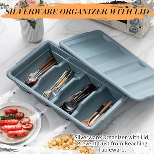 Maxdot 2 Pcs 20.5 x 11.9 x 3.7 Inch Silverware Organizer with Lid, Commercial 4-compartment Restaurant Kitchen Cutlery Tray, Plastic Silverware Storage Container, Condiments Holder (Grayish Blue) - Image 3