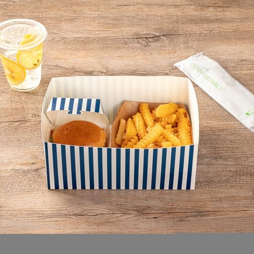 Restaurantware Bio Tek 8.4 x 6.1 x 3.5 Inch Burger Trays 100 Disposable Paper Food Trays - Sustainable Sturdy Blue And White Paper Movie Snack Trays For Meals Snacks And Baked Goods - Image 3