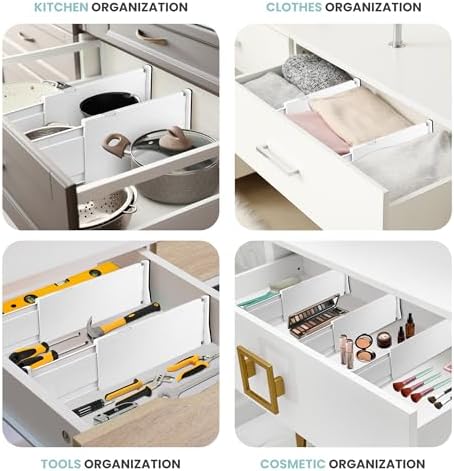 RAPTUROUS Adjustable Drawer Dividers, 8" Tall, Expandable 13.35-22", 6-Pack, Non-Slip for Deep Drawers in Kitchen, Bedroom, and Closet (White) - Image 6