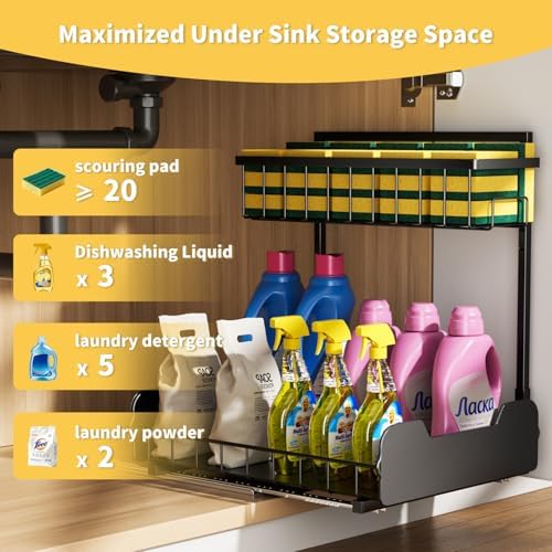 PureBox Under Sink Organizer, 2-Tier L-Shaped Pull Out Cabinet Shelf with 2 Installation Methods, Adjustable Sliding Storage Drawer for Kitchen, Bathroom, Laundry, Metal, Black, 2-Pack - Image 4