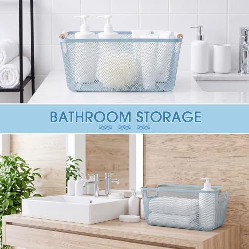 Ziliny 4 Pcs Mesh Wire Baskets for Organizing, Large, Light Blue | Metal Pantry Organizers with Wooden Handles, Storage Steel Bin, Kitchen Baskets for Fruit Potato Onion Snacks Bath Cabinet - Image 7