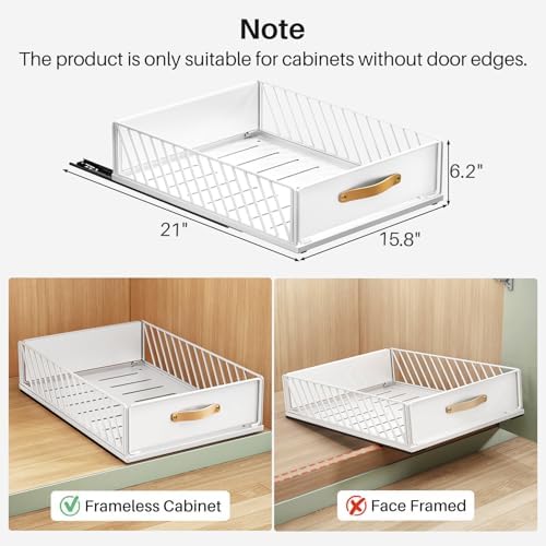 Pull out Cabinet Organizer,Heavy Duty Slide out Pantry Shelves Drawer Storage with Adhesive Nano Film,Sliding Mesh Cabinet Basket with Handle for Kitchen, Bathroom, Home, 15.8"W X 21"D X 6.2"H,White - Image 3