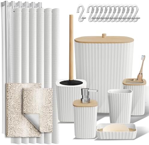 Clara Clark Bathroom Accessories Set - Bathroom Set, Bathroom Sets with Shower Curtain and Rugs, Shower Curtain Set with Bathroom Trash Can - Ombre White - 22PC by ClaraClark