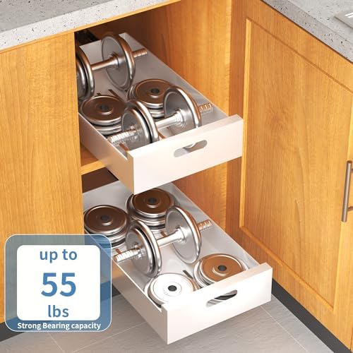 HBL' 2 Pack | 21" Deep Pull Out Cabinet Organizer Adhesive, 10-Inch Wide Sturdy Carbon Steel Roll-Out Drawers, Designed for Frameless Cabinets, Slide-Out Shelves for Pantry. - Image 5
