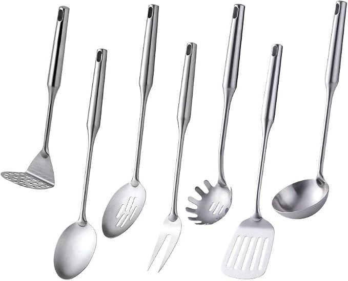 7 Pcs Round Handle Cooking Utensil Set, 304 Stainless Steel Silver Titanium Plated Cookware Sets with Public Fork/Spoon, Potato Mashers, Slotted Spatula, Soup Ladle, Pasta Server, Kitchen Tool Gadget by Unknown