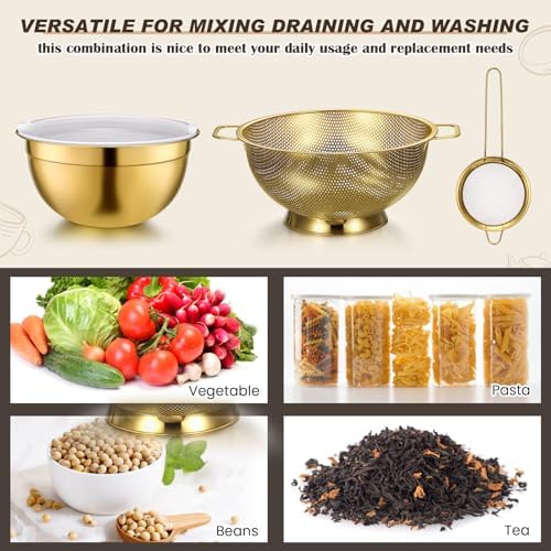 Baderke 6 Pcs Gold Kitchen Accessories Set Includes 3 Gold Mixing Bowls with Airtight Lids Stainless Steel Colander Grater Slicer and Fine Mesh Strainer(Mixing Bowls: 2.8/3.7/5 Qt, Colander: 4 Qt) - Image 3
