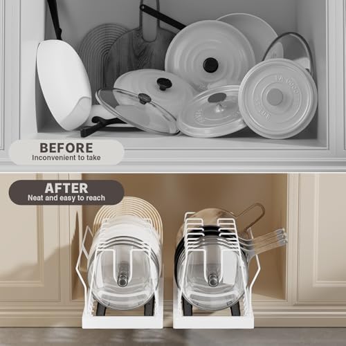 Magheo Pots and Pans Organizer Under Cabinet, 22" Deep Expandable Pull Out Pot Lid Organizer and Storage with 10 Adjustable Dividers No Drill Pot and Pan Holder Rack with Handle Bracket(1 Pack,White) - Image 3