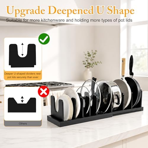 MinBoo Bamboo Expandable Pot Lid Organizer, Pot and Pan Organizer Drawer Organizer for Pot Lids, Adjustable 10 U-Shaped Dividers for Kitchen Cabinet Organizers and Storage,Black - Image 2