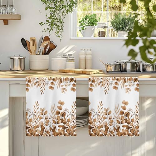 Brown Eucalyptus Kitchen Towels Set of 1, Absorbent Dish Towels for Kitchen, Botanical Summer Leaves Country Floral Microfiber Hand Towel, Quick Drying Tea Towel for Cleaning Decorative Dishcloths - Image 4