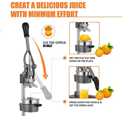 Commercial Heavy Duty Cast Iron Hand Press Manual Orange Citrus Lemon Lime Grapefruit Pomegranate Fruit Juice Squeezer Machine with Stainless Steel Cup Grey - Image 5
