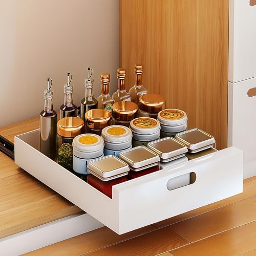 bealy 1 Pack Pull Out Cabinet Organizer Adhesive, 12'' W x 16.9" D x 3.1'' H Heavy Duty Carbon Slide Out Pantry Shelves, Sliding Drawer Pull Out Pantry Shelves for Kitchen, Living Room, Home - Image 2