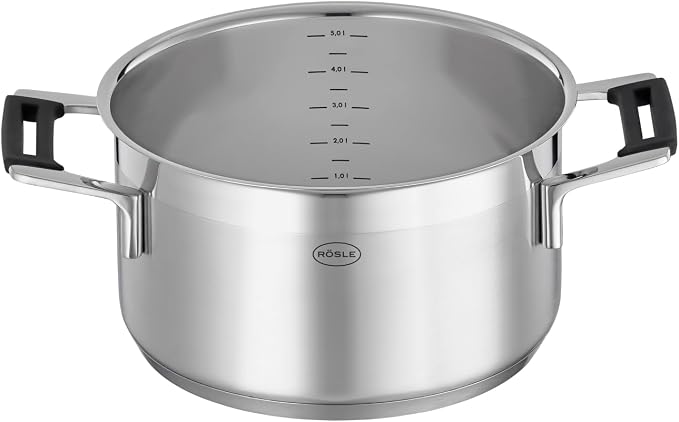 RÖSLE Silence Pro Cooking Pot, High-Quality Universal Pot Made of 18/10 Stainless Steel, 24 cm, Glass Lid, Inner Scale, Induction Safe, Dishwasher Safe, Silver/Black - Image 3