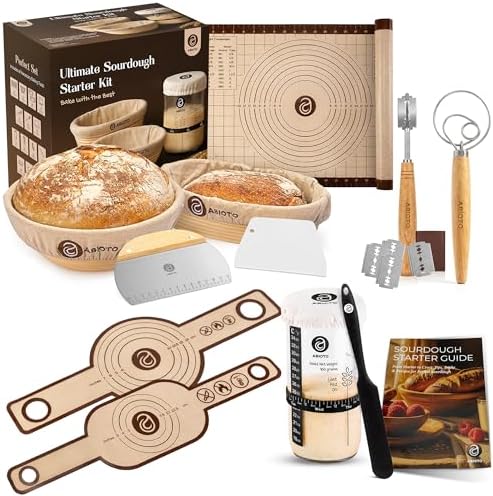 ABIOTO Sourdough Starter Kit with Bread Proofing Baskets & Tools, 24-Pieces | Complete Beginner Sourdough Bread Baking Supplies - Round & Oval Bannetons, Liners, Slings, Jar, Mat, Lame, Whisk, & Scrapers by ABIOTO