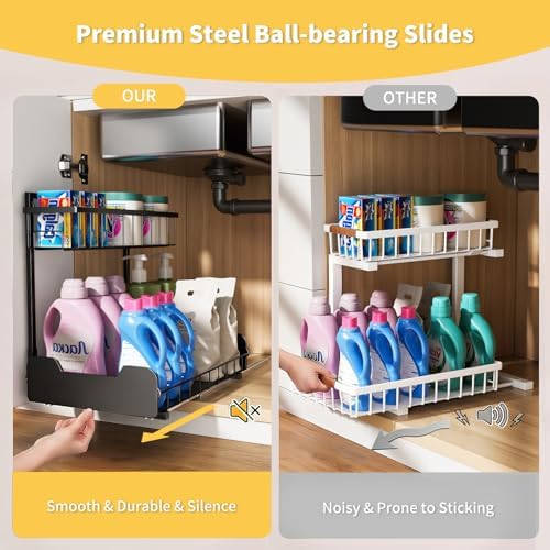 PureBox Under Sink Organizer, 2-Tier L-Shaped Pull Out Cabinet Shelf with 2 Installation Methods, Adjustable Sliding Storage Drawer for Kitchen, Bathroom, Laundry, Metal, Black, 2-Pack - Image 3