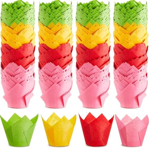 Motiskyy 300 Pcs Jumbo Muffin Liners for Baking 2-1/4" x 4" Large Tulip Cupcake Liners Greaseproof Cupcake Wrapper Paper for Weddings Birthday Christmas Anniversaries Party (Green,Red,Yellow,Pink) by Motiskyy