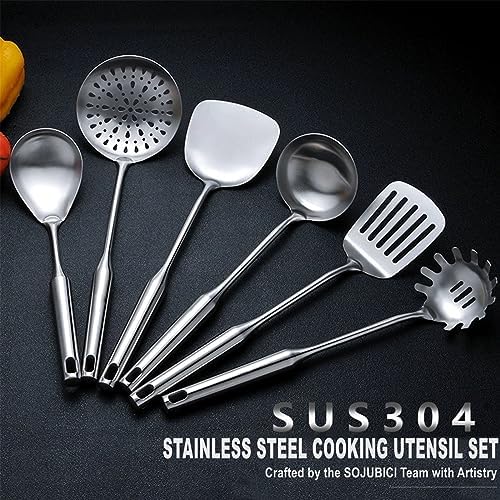 Cooking Utensils Set Stainless Steel Kitchen Metal Serving Utensils Set of 6 Pcs-Wok Spatula Ladle Set, Slotted Skimmer, Pasta Server, Serving Spoon, Slotted Spatula Tunner,Dishwasher Safe - Image 6
